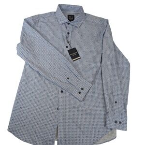 Jos A Bank Traveler Tailored Fit Mens Light Blue Geo Print Dress Shirt Medium